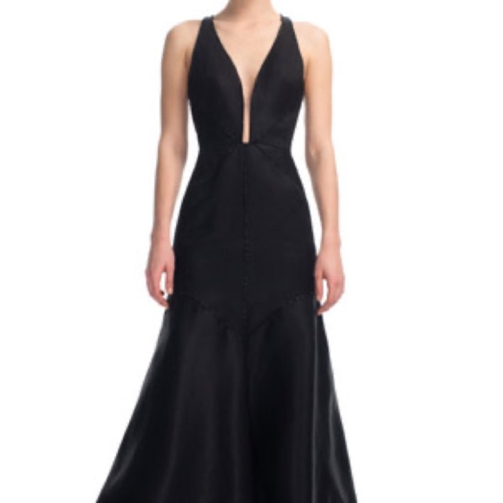 J Mendel Black Halter Plunge Neck Gown